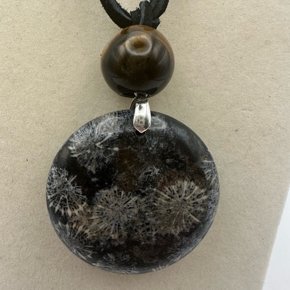 Round Black Coral Fossil Jade Pendant Necklace - Picture 5 of 11